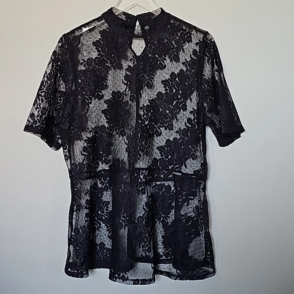Lane Bryant Cutwork High Neck Lace Short Sleeve Mock Neck Sheer Top 14/16